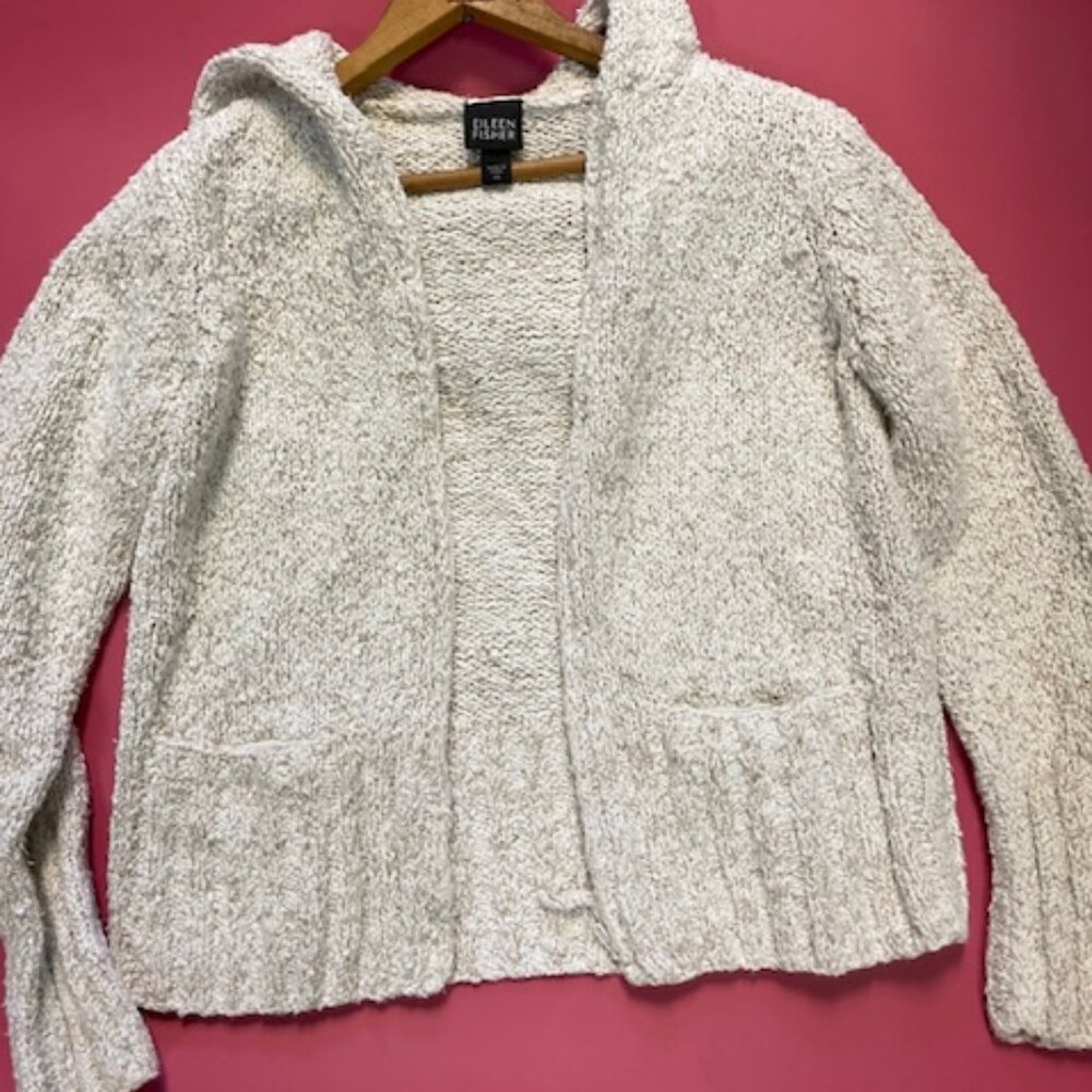 Eileen Fisher Hooded Boucle Cardigan Sweater With Pockets cream/tan - XS